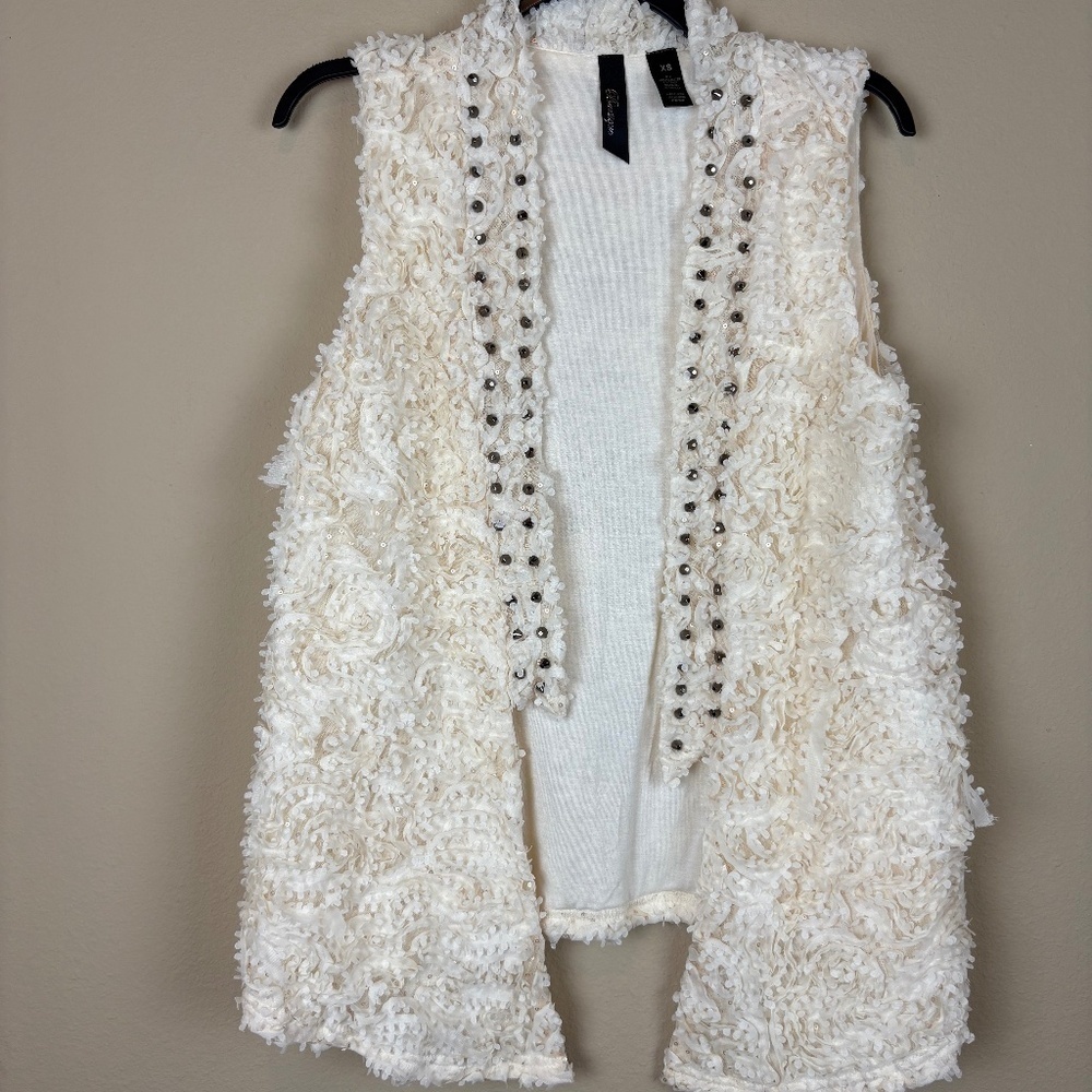 BKE Boutique Cream Cardigan Vest Metal Studs/Sequined Lace Tie Accents